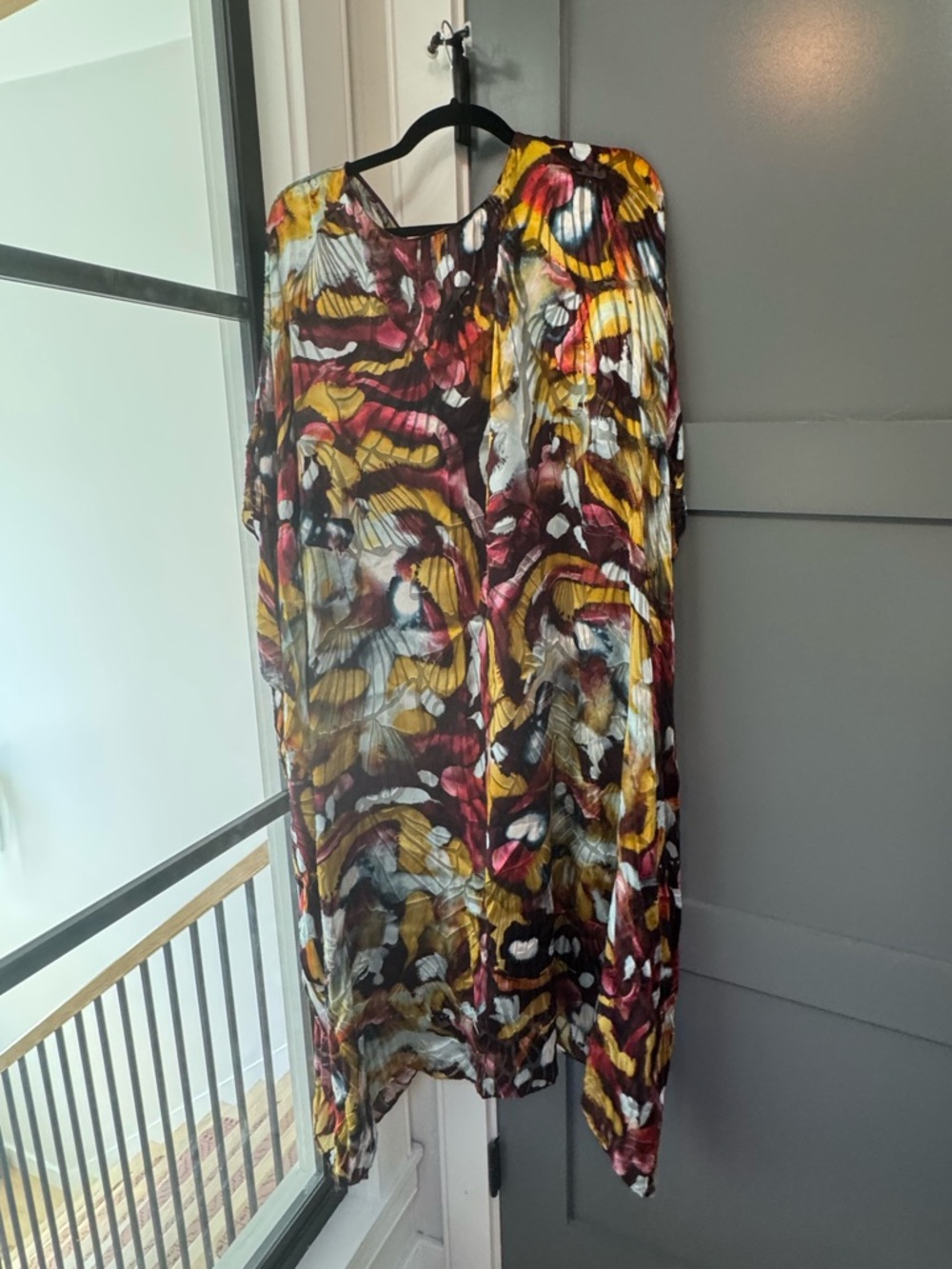 Lafayette 148 New York Sheer Abstract Kaftan - Burgundy, Mustard, Black